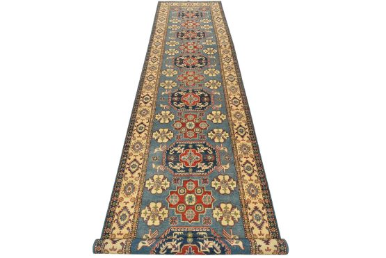 Kazak Runner 4'10'' x 19' Blue Wool Tribal Hand-Knotted Oriental Rug