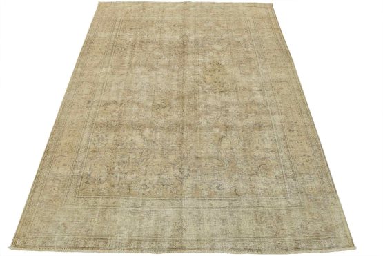 Tabriz Rug 9'9'' x 12'2'' Brown Wool Vintage Distressed Hand-Knotted Carpet