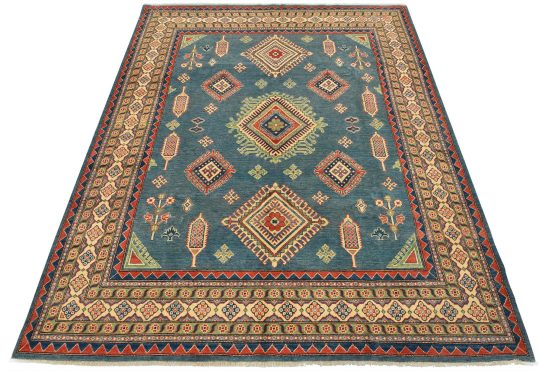 Kazak Rug 8'1'' x 9'9'' Blue Wool Tribal Hand-Knotted Oriental Carpet