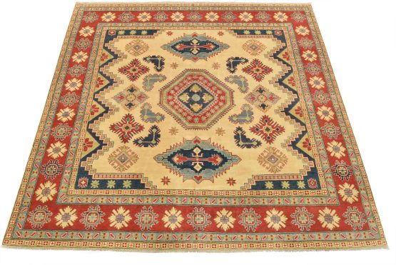 Kazak Rug 9'10'' x 9'3'' Beige Wool Tribal Hand-Knotted Oriental Carpet