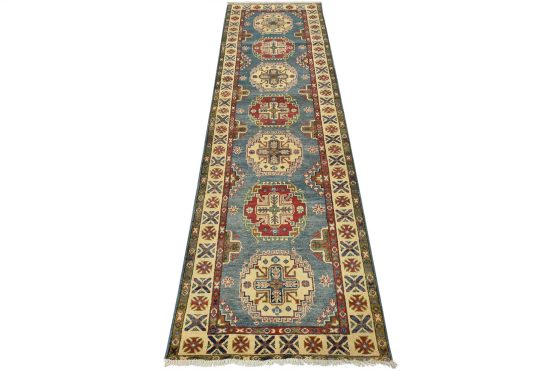 Kazak Runner 3' x 9'8'' Blue Wool Tribal Hand-Knotted Oriental Rug