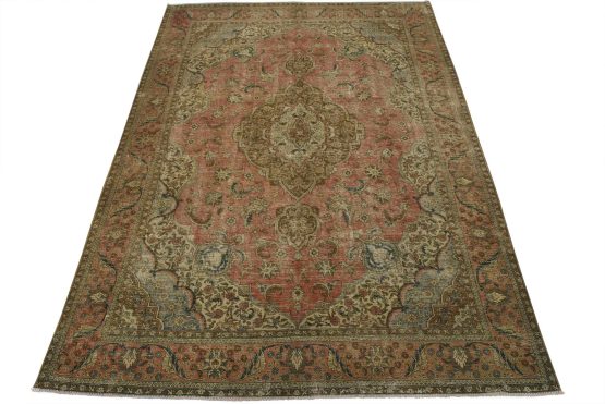 Tabriz Rug 9'5'' x 12'6'' Pink Wool Vintage Distressed Hand-Knotted Carpet