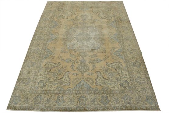 Tabriz Rug 9'10'' x 12'9'' Beige Wool Vintage Distressed Hand-Knotted Carpet