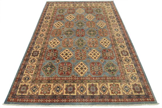 Kazak Rug 8'11'' x 11'11'' Blue Wool Tribal Hand-Knotted Oriental Carpet