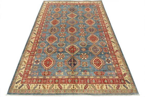 Kazak Rug 8'4'' x 11'8'' Blue Wool Tribal Hand-Knotted Oriental Carpet