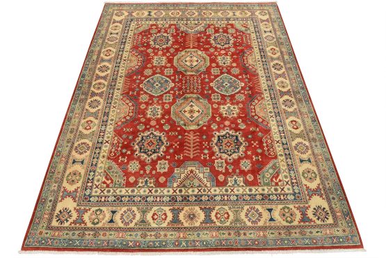 Kazak Rug 7'8'' x 9'8'' Red Wool Tribal Hand-Knotted Oriental Carpet