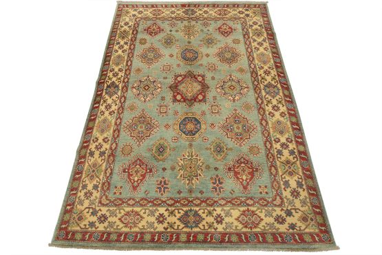 Kazak Rug 6'2'' x 8'11'' Blue Wool Tribal Hand-Knotted Oriental Carpet