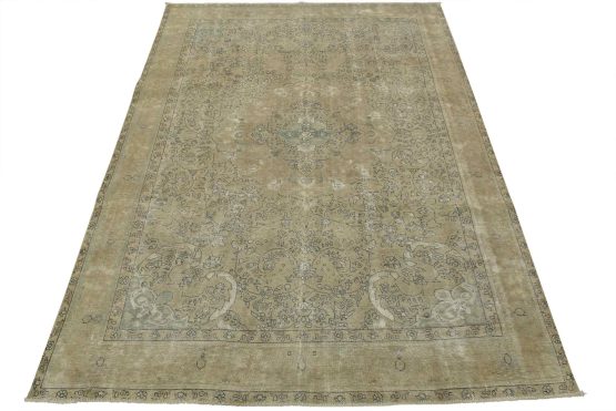 Tabriz Rug 9'8'' x 12'6'' Beige Wool Vintage Distressed Hand-Knotted Carpet