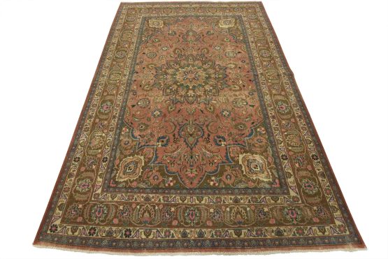 Mashad Rug 6'5'' x 9'6'' Pink Wool Vintage Distressed Hand-Knotted Carpet