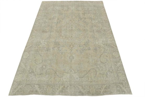 Tabriz Rug 8'10'' x 12'2'' Beige Wool Vintage Distressed Hand-Knotted Carpet