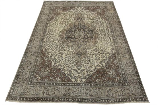 Tabriz Rug 9'11'' x 12'9'' Ivory Wool Vintage Distressed Hand-Knotted Carpet