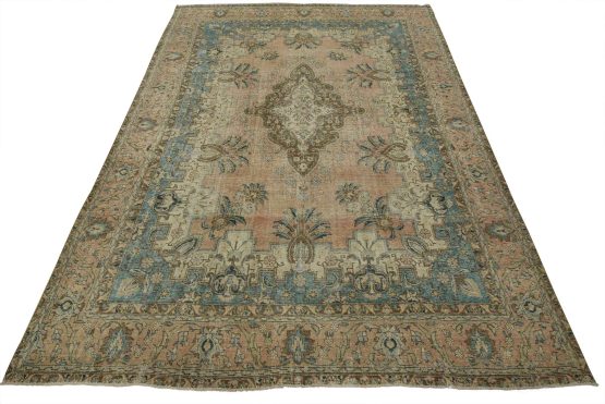 Tabriz Rug 9'6'' x 12'4'' Pink Wool Vintage Distressed Hand-Knotted Carpet