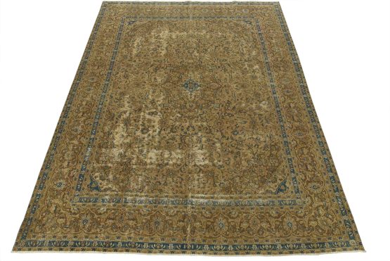 Kashan Rug 9'8'' x 12'1'' Brown Wool Vintage Distressed Hand-Knotted Carpet