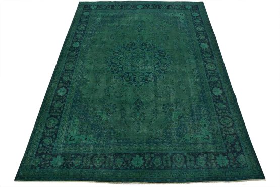 Mashad Rug 9'8'' x 12'5'' Green Wool Vintage Overdyed Hand-Knotted Carpet