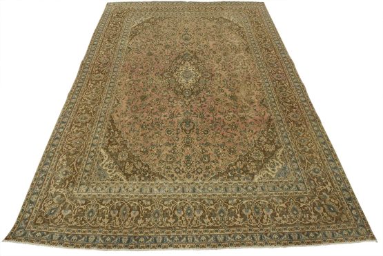 Kashan Rug 9'4'' x 12'4'' Pink Wool Vintage Distressed Hand-Knotted Carpet