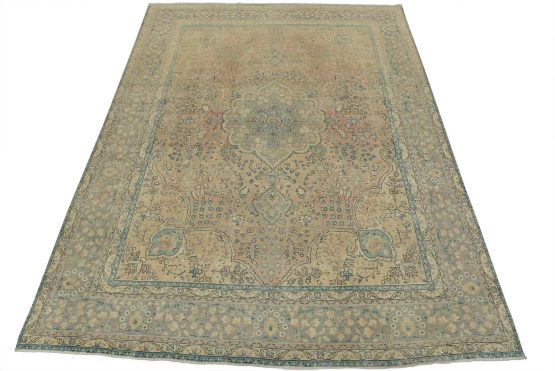 Tabriz Rug 10'2'' x 12'6'' Pink Wool Vintage Distressed Hand-Knotted Carpet
