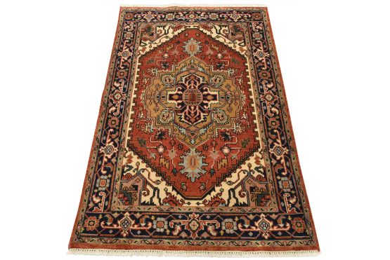 Heriz Rug 3'11'' x 5'10'' Red Wool Tribal Hand-Knotted Oriental Carpet
