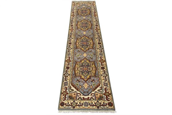 Heriz Runner 2'6'' x 9'9'' Blue Wool Tribal Hand-Knotted Oriental Carpet