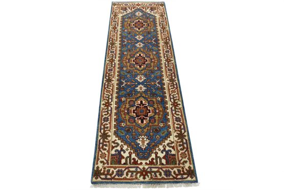 Heriz Runner 2'8'' x 7'11'' Blue Wool Tribal Hand-Knotted Oriental Rug