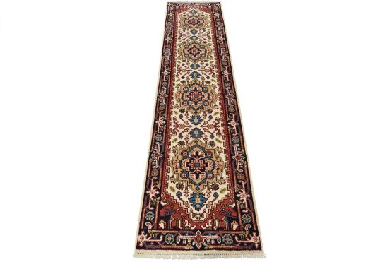 Heriz Runner 2'6'' x 10'1'' Ivory Wool Tribal Hand-Knotted Oriental Rug
