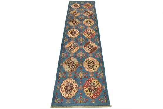 Kazak Runner 2'8'' x 9'4'' Blue Wool Tribal Hand-Knotted Oriental Rug