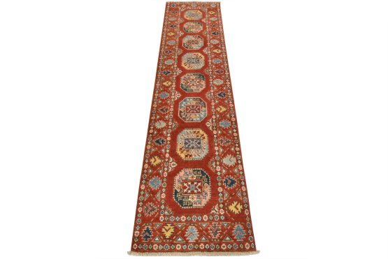 Kazak Runner 2'6'' x 9'10'' Red Wool Tribal Hand-Knotted Oriental Rug