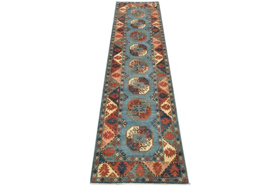 Kazak Runner 2'9'' x 9'6'' Blue Wool Tribal Hand-Knotted Oriental Rug
