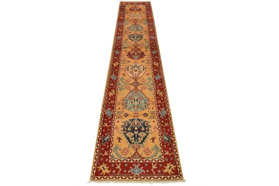 Kazak Runner 2'9'' x 13' Gold Wool Tribal Hand-Knotted Oriental Rug