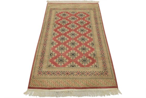 Bokhara Jaldar Rug 4'2'' x 6'7'' Pink Wool Tribal Hand-Knotted Oriental Carpet