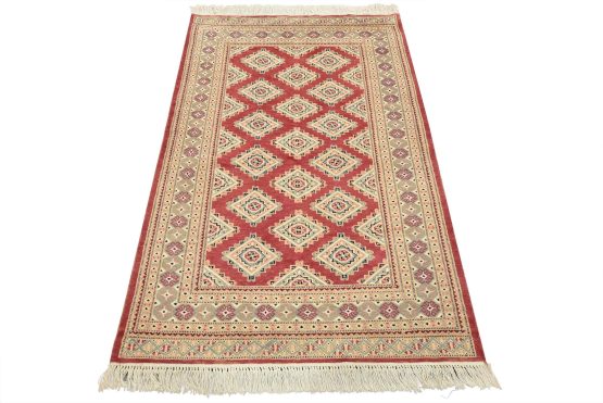 Bokhara Jaldar Rug 4'2'' x 6'3'' Pink Wool Tribal Hand-Knotted Oriental Carpet