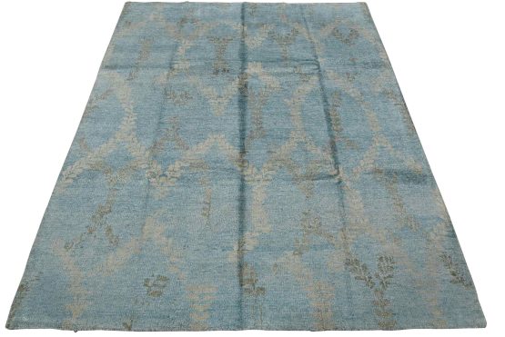 Modern Rug 8'4'' x 9'10'' Blue Viscose Hand-Knotted Oriental Carpet