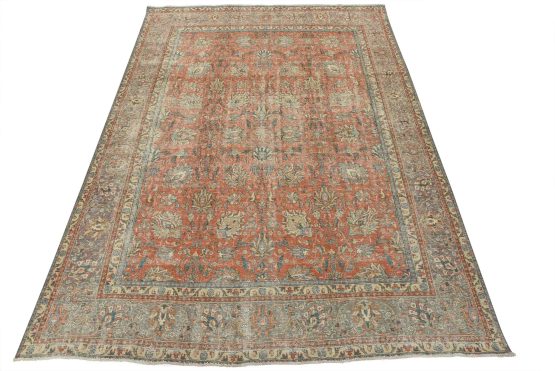 Tabriz Rug 9'9'' x 12'8'' Pink Wool Vintage Distressed Hand-Knotted Carpet