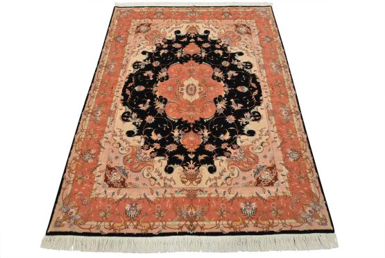 Fine Tabriz Rug 5' x 6'8'' Black Wool/Silk Traditional Hand-Knotted Carpet