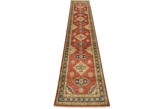 Kazak Runner 2'9'' x 13'2'' Red Wool Tribal Hand-Knotted Oriental Rug