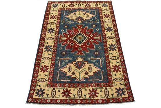 Kazak Rug 3'11'' x 5'11'' Blue Wool Tribal Hand-Knotted Oriental Carpet