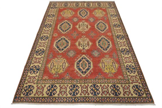 Kazak Rug 6'5'' x 8'10'' Red Wool Tribal Hand-Knotted Oriental Carpet