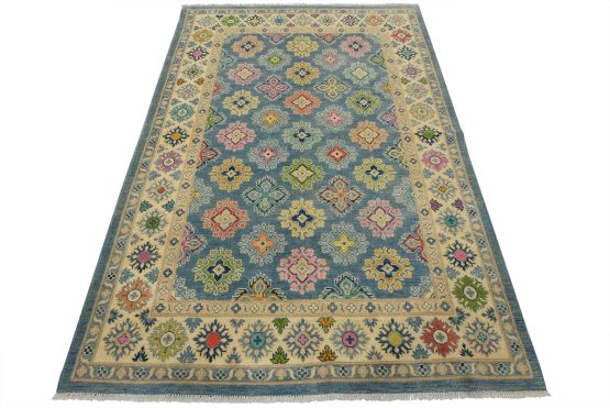 Kazak Rug 5'6'' x 7'10'' Blue Wool Tribal Hand-Knotted Oriental Carpet
