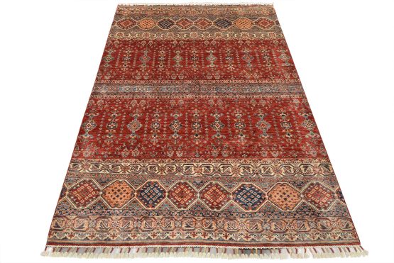 Fine Khorjin Rug 5'6'' x 7'7'' Red Wool Tribal Hand-Knotted Oriental Carpet
