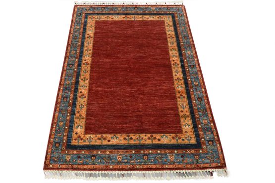Fine Gabbeh Rug 4'1'' x 5'10'' Red Wool Tribal Hand-Knotted Oriental Carpet