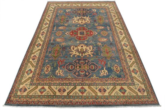 Kazak Rug 8'11'' x 11'11'' Blue Wool Tribal Hand-Knotted Oriental Carpet