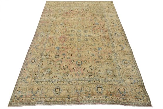 Tabriz Rug 7'11'' x 10'8'' Pink Wool Vintage Distressed Hand-Knotted Carpet