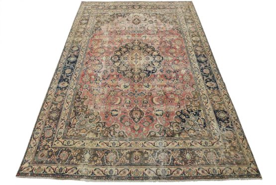 Mashad Rug 8'2'' x 11'2'' Pink Wool Vintage Distressed Hand-Knotted Carpet
