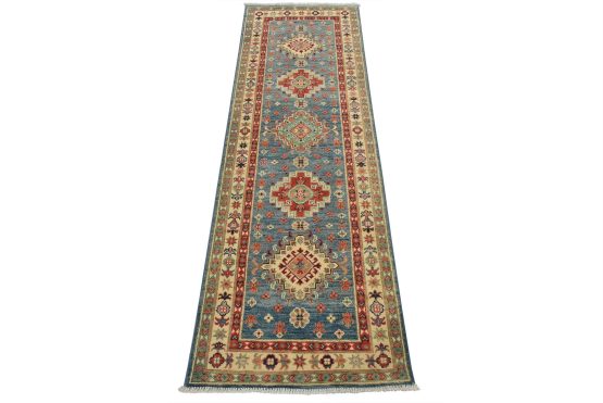 Kazak Runner 2'7'' x 7'9'' Blue Wool Tribal Hand-Knotted Oriental Rug