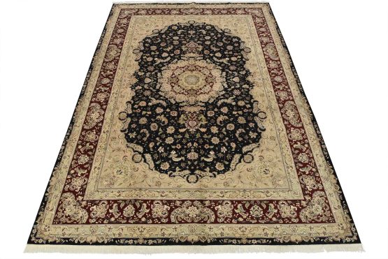 Tabriz Rug 10'2'' x 14' Black Wool/Silk Traditional Hand-Knotted Carpet