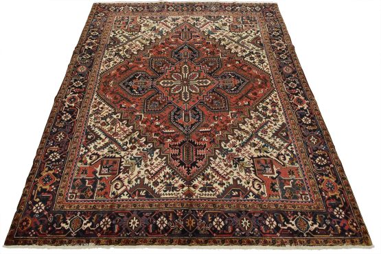 Heriz Rug 9' x 10'5'' Red Wool Vintage Tribal Hand-Knotted Oriental Carpet