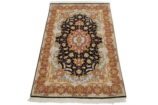 Fine Tabriz Rug 3'4'' x 4'10'' Black Wool/Silk Traditional Hand-Knotted Carpet