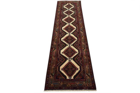 Hamedan Runner 2'9'' x 9'2'' Ivory Wool Vintage Tribal Hand-Knotted Rug