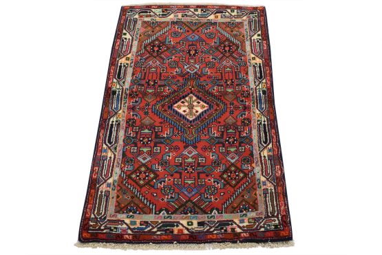 Hamedan Rug 2'9'' x 4'2'' Red Wool Vintage Tribal Hand-Knotted Oriental Carpet