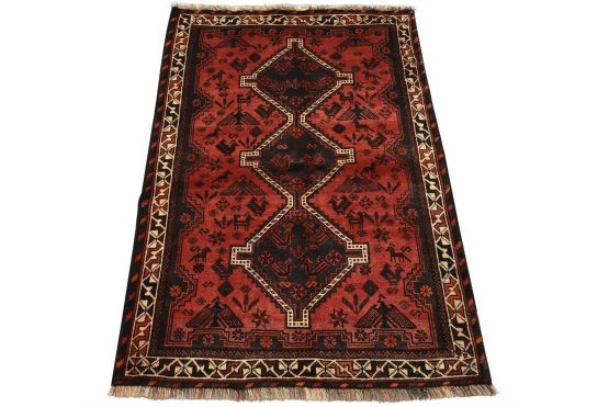 Shiraz Rug 3'6' x 5' Red Wool Vintage Tribal Hand-Knotted Oriental Carpet