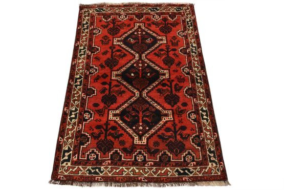 Shiraz Rug 3'5'' x 4'11'' Red Wool Vintage Tribal Hand-Knotted Oriental Carpet